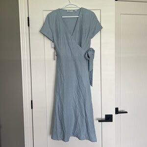 Babaton Blue Linen Wrap Midi Dress with Tie Front